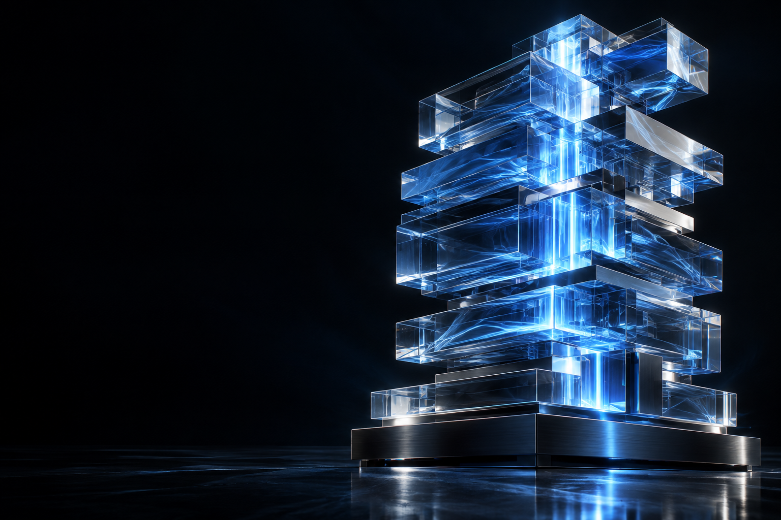 Abstract sculpture of glass illuminated by electric-blue light