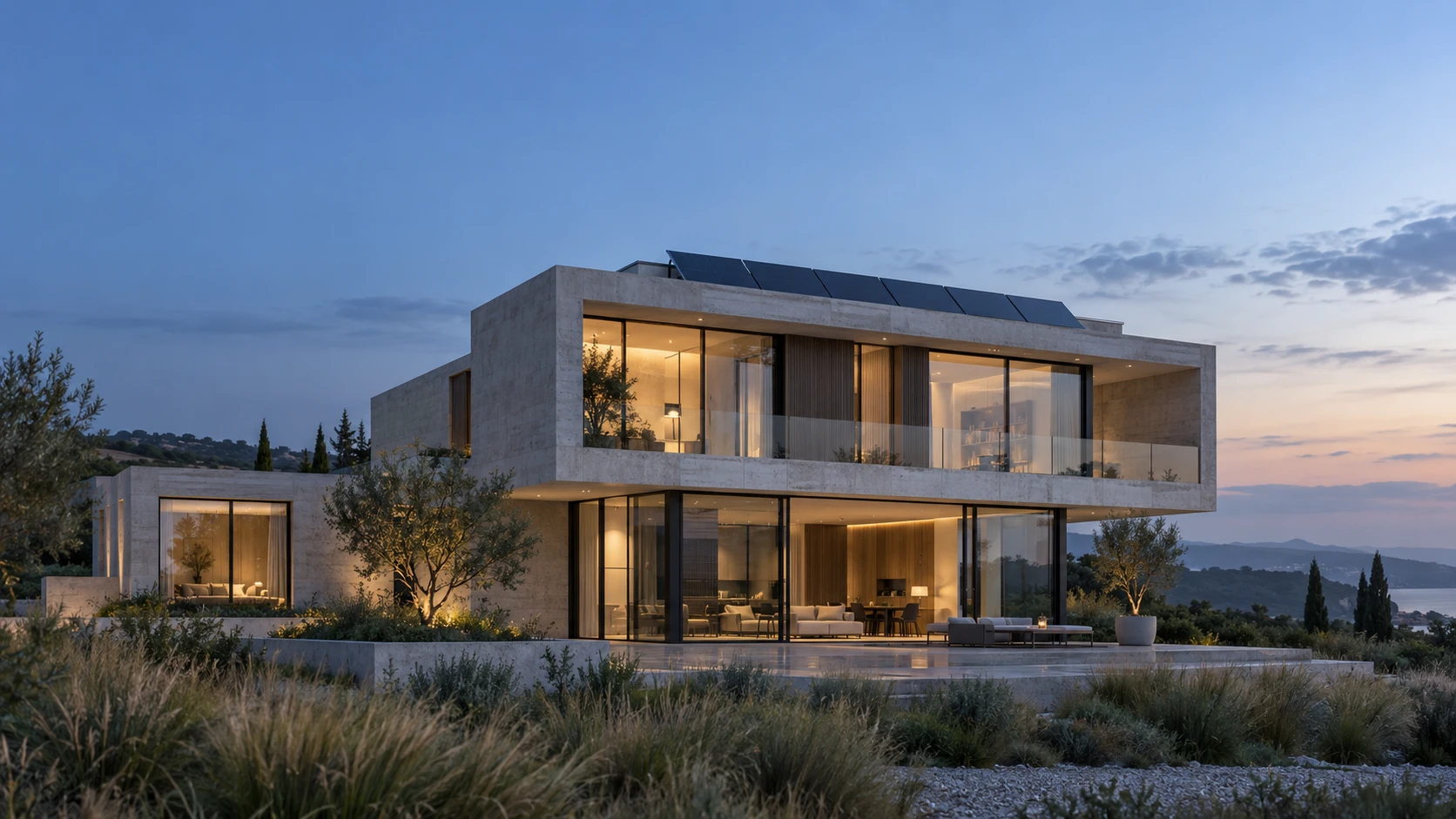 Architectural illustration of a solar-powered modern home at dusk